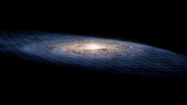 Данните от спътника за наблюдение на звезди Gaia на ESA показват, че изкривеният галактически диск на Млечния път прецесира или се клатушка, подобно на движението на въртящ се пумпал. Деформацията се движи около центъра на Млечния път по-бързо от очакваното досега, завършвайки едно завъртане за 600 до 700 милиона години. Това обаче все още е по-бавно от скоростта, с която звездите в диска обикалят около галактическия център. Нашата звезда-майка, Слънцето (показано в анимацията като малката жълта точка), например се нуждае само от 220 милиона години, за да завърши една ибиколка. Скоростта на прецесията на деформацията накара астрономите да заключат, че тя трябва да е причинена от нещо доста мощно, като например продължаващ сблъсък с по-малка галактика. Кредит: Stefan Payne-Wardenaar